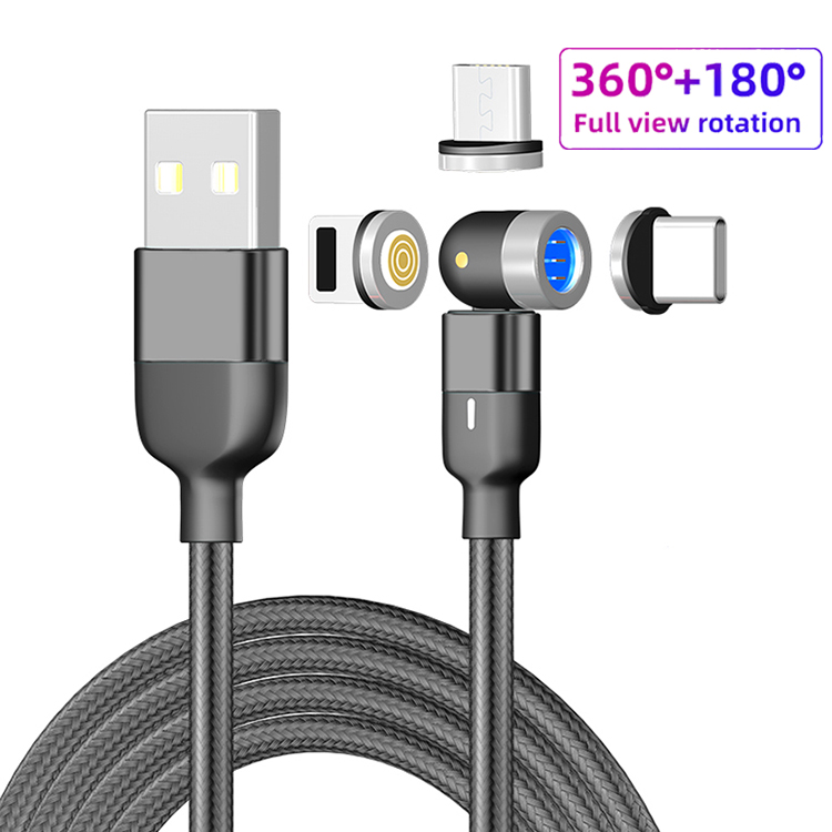 LED 3 in 1 braided 540 rotation  for iPhone 12 cable Type-C cable