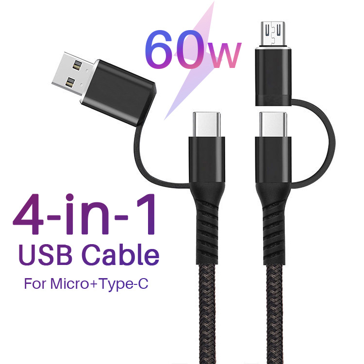 PD quick Charge 4 in 1 braided data cable Type-C to Micro